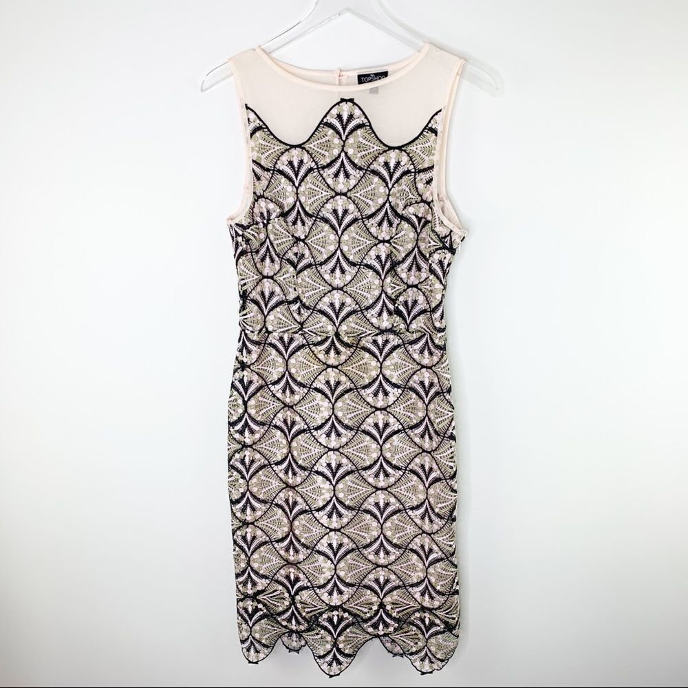 Topshop Structured Lace Body-con Dress Scolloped Hem Illusion‎ Neckline. Sz 6
